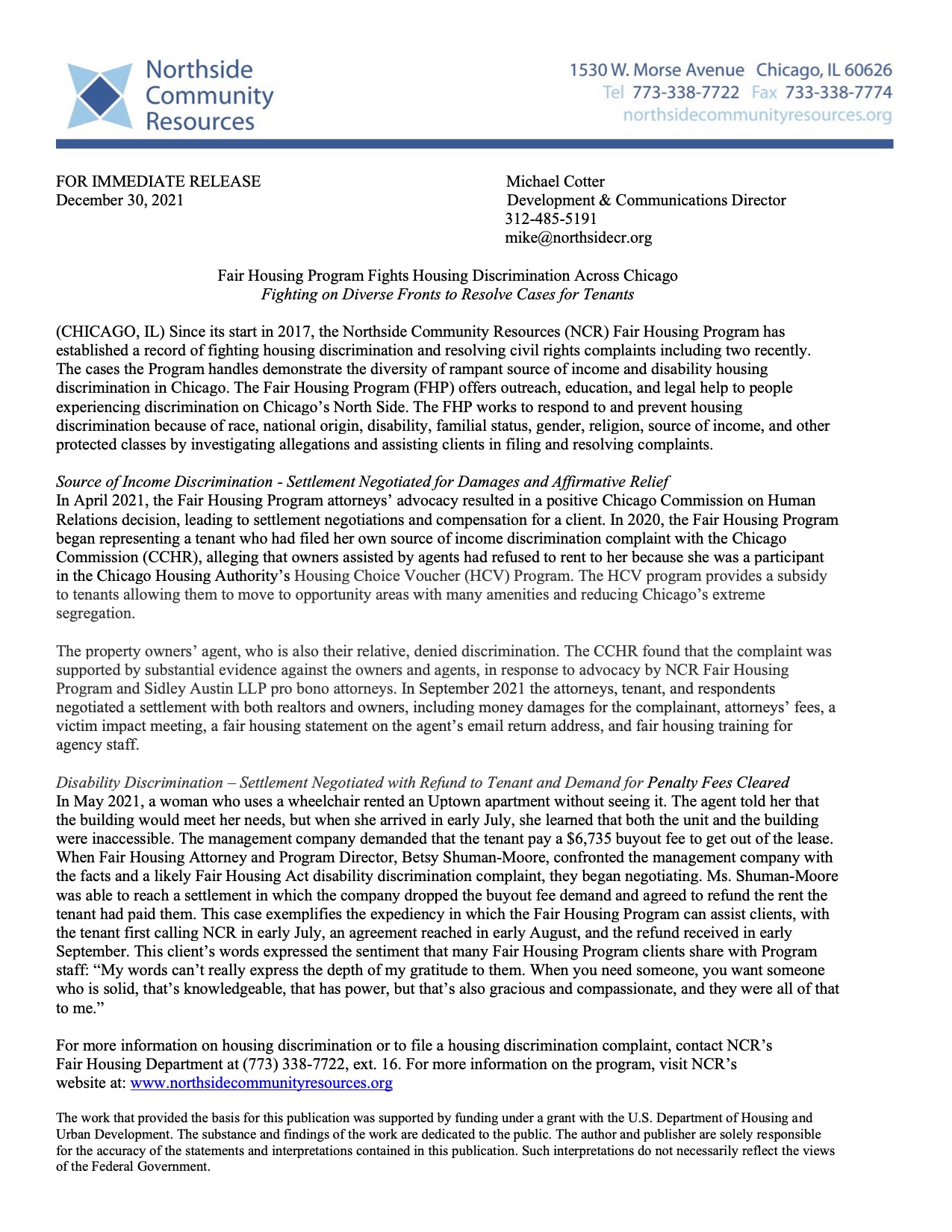 NCR Fair Housing Program Recently Settled Two Discrimination Cases